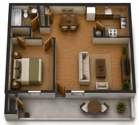 Floor plan for 1 bed, 1 bath, 668 sqft